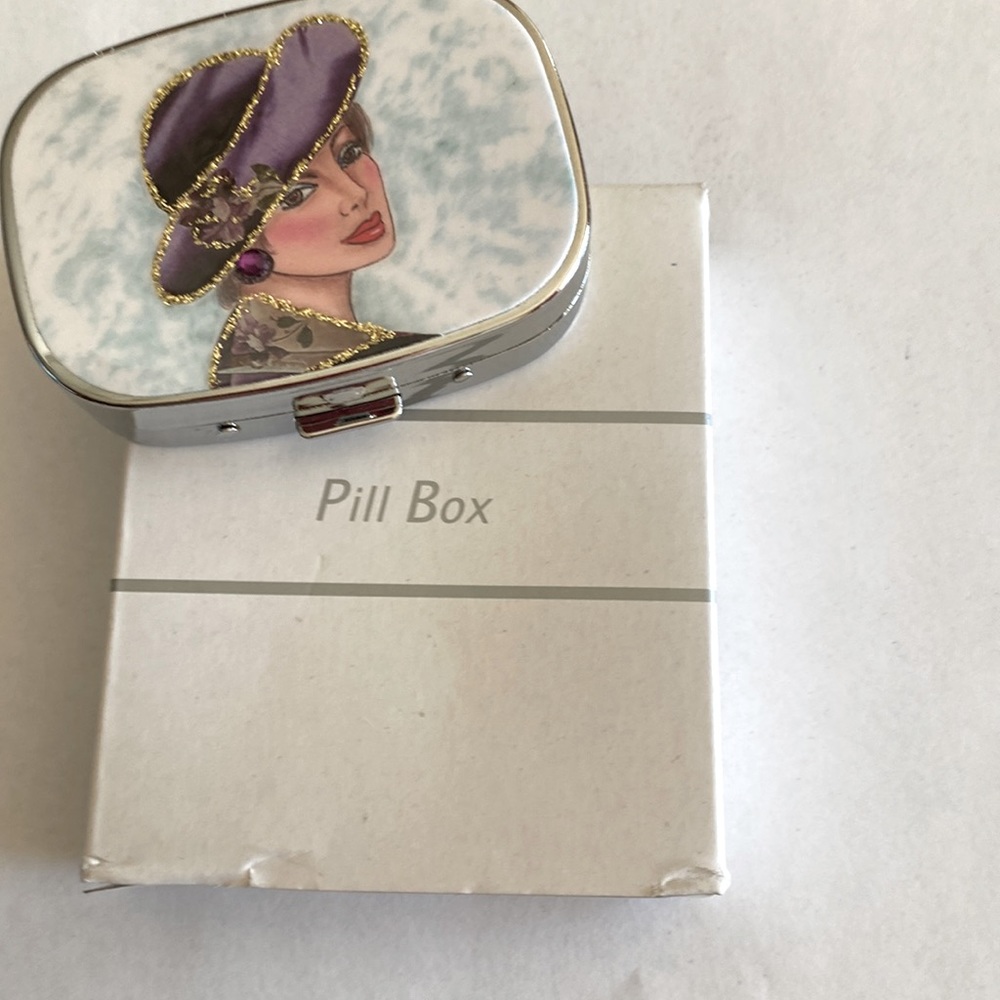 Beautiful decorated top {Lady w/ Purple Hat) pill box.